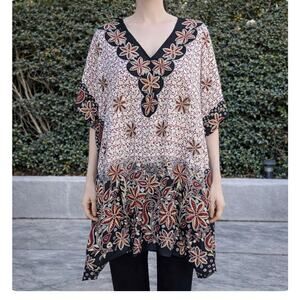 Ganesh Brown Neural Rhinestone Floral Caftan Dress